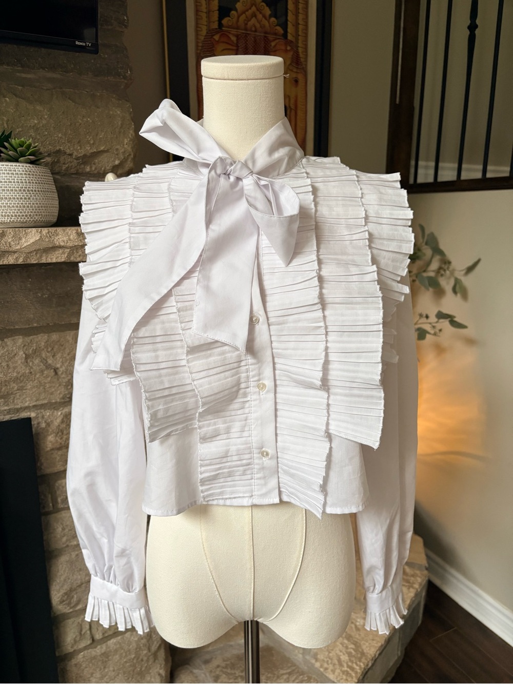 Zara White Pleated Ruffle Statement Bow Blouse S